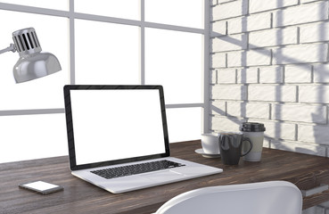 3D illustration laptop and work stuff on table near brick wall, Workspace