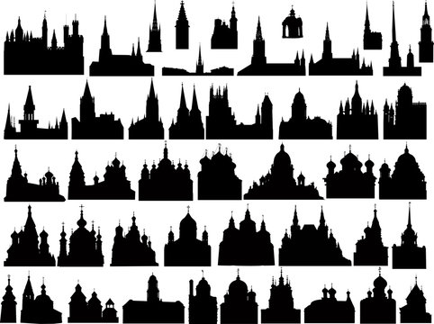 large collection of black isolated castles and churches