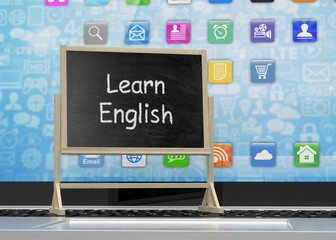  Laptop with chalkboard, learn english, online education concept