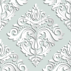 Seamless oriental light blue and white ornament. Fine vector traditional oriental pattern with 3D elements, shadows and highlights