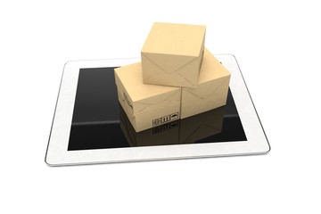 Technology business concept, shipping: cardboard package boxes on tablet 