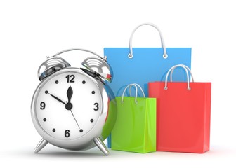 alarm clock and shopping bag (time to buy concept)
