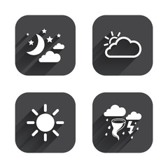 Cloud and sun icon. Storm symbol. Moon and stars