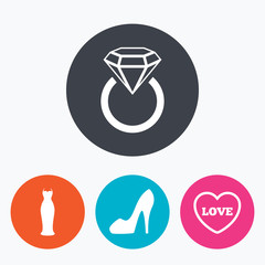 Wedding dress icon. Women's shoe symbol.