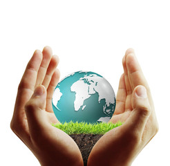 Globe ,earth in human hand, hand holding our planet earth glowing