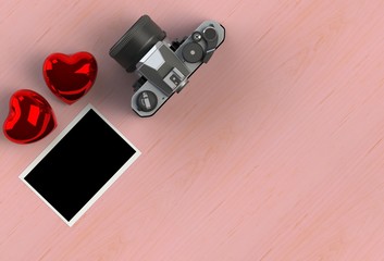top view image of red heart , blank photo and vintage photo camera on pink wood background. valentine's day celebration concept.