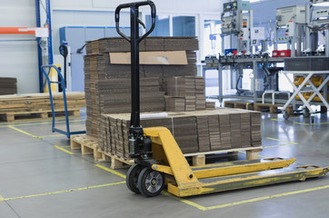 Pallet truck is standing in the assembly hall