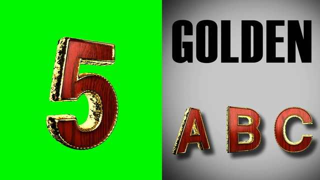 rendered on green chromakey loop golden and red wood alphabet