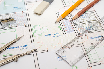 Naklejka na ściany i meble house floor plan with drawing compass and pencil