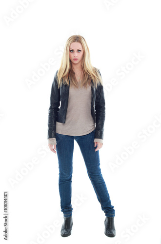 Beautiful Young Woman With Long Blonde Hair Wearing Black Leather