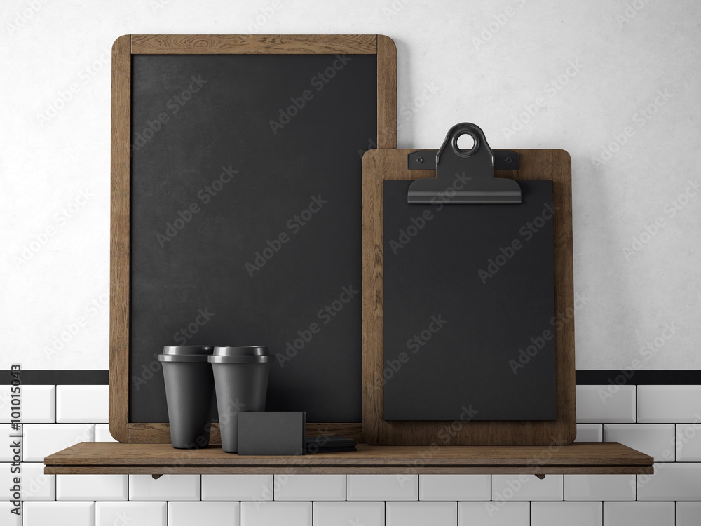 Poster black chalkboard on bookshelf with two blank coffee cups, businesscards and empty desk. 3d rendering