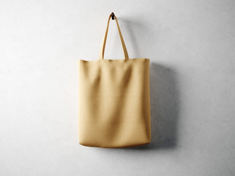 Cotton textile bag holding, neutral background. 3d render