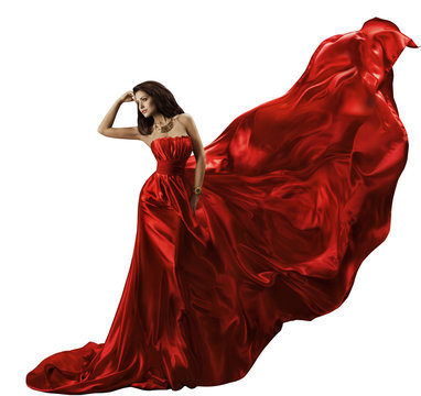 Woman Red Dress, Waving Flying Silk Fabric, Beauty Model, White