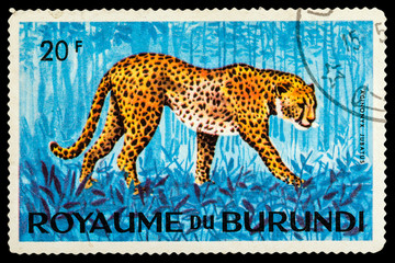 BURUNDI - CIRCA 1974: A stamp printed in Burundi shows leopard, series animals, circa 1974
