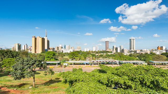 Timelapse sequence zooming in to the skyline of Nairobi, Kenya with Uhuru Park in the foreground in 4K