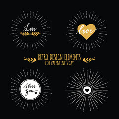 Seet of retro design elements with sunbursts and hearts for Valentines Day