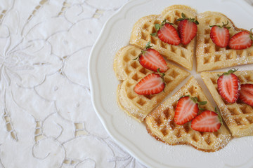 waffles with fresh strawberries, selective focus