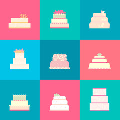 Collection of flat wedding cakes icons.