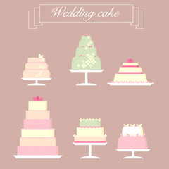 Fototapeta na wymiar Collection of flat wedding cakes icons.