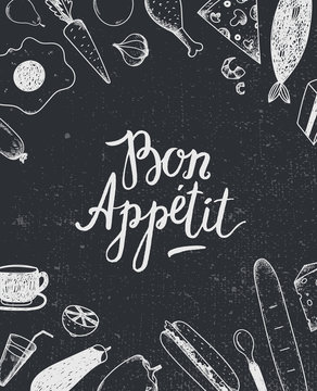 Vector Bon Appetit graphic poster with food illustrations, menu cover, banner. 