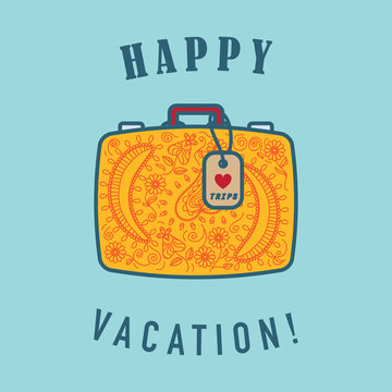 Traveling flat illustration of yellow ornate bag with tag.