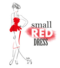 Hand drawn sketch portrait of stylish young girl in red dress with small dog