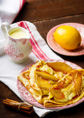  pancakes with pudding  and  caramel pears