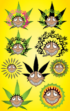 Happy relaxed rastafarian guy smoking marijuana joint with cannabis leaf decoration vector illustration
