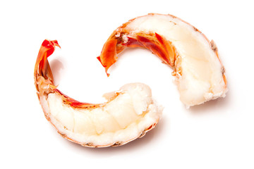 Cooked tropical Caribbean lobster (Panuliirus argus) or spiny lobster tail isolated on a white studio background
