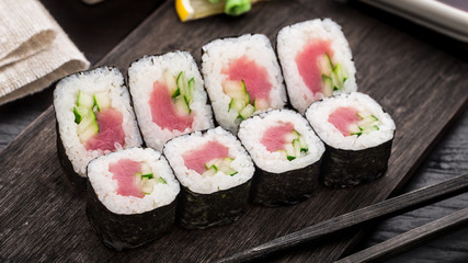 Sushi rolls with tuna and cucumber