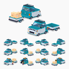 Blue compact car with the trailer. 3D lowpoly isometric vector illustration. The set of objects isolated against the white background and shown from different sides