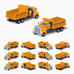 Empty orange dumper. 3D lowpoly isometric vector illustration. The set of objects isolated against the white background and shown from different sides