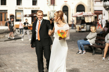 luxury romantic happy bride and groom celebrating marriage on th