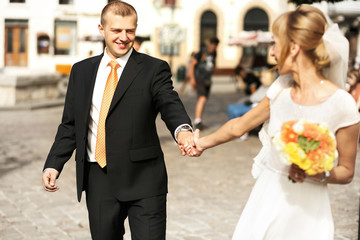 luxury romantic happy bride and groom celebrating marriage on th