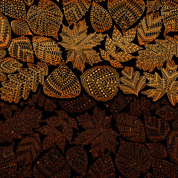 Red golden pattern with different tree leaves such as oak and maple, chestnut and birch, aspen and linden, poplar and ginkgo, tulip tree and sassafras, beech, hornbeam, holly. Autumn collection