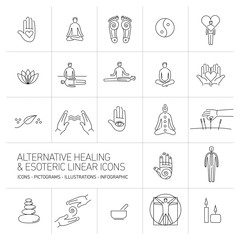 alternative healing and esoteric linear icons set black on white