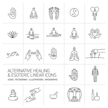 alternative healing and esoteric linear icons set black on white