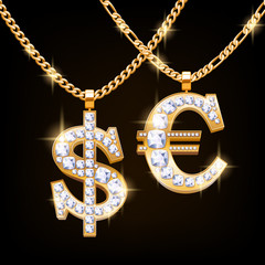 Dollar and euro sign jewelry necklace on golden chain.