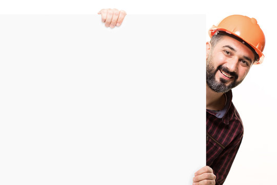 Smiling guy with blank sign