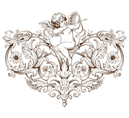 Vintage decorative element engraving with Baroque ornament pattern and cupid