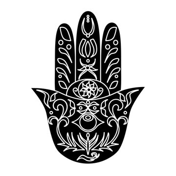 Elegant ornate hand drawn Hamsa. Hand of Fatima. Good luck and protection amulet in Indian, Arabic Jewish cultures. Ornamental vector illustration.Card with symbol of strength and happiness.
