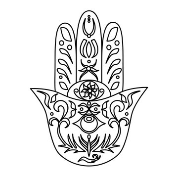 Elegant ornate hand drawn Hamsa. Hand of Fatima. Good luck and protection amulet in Indian, Arabic Jewish cultures. Ornamental vector illustration.Card with symbol of strength and happiness.
