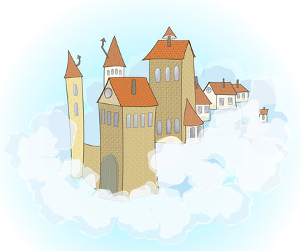 Vector illustration of a fairy-tale castle in the clouds