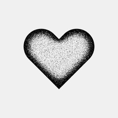 Black abstract heart sign badge, Valentines day blank button template with grain, noise, dotwork, halftone, grunge texture for logo, banners, labels, postcards, web, prints. Vector illustration.