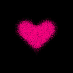 Magenta abstract heart sign badge, Valentines day blank button template with grain, noise, dotwork, halftone, grunge texture for logo, banners, labels, web, prints. 14th february. Vector illustration.