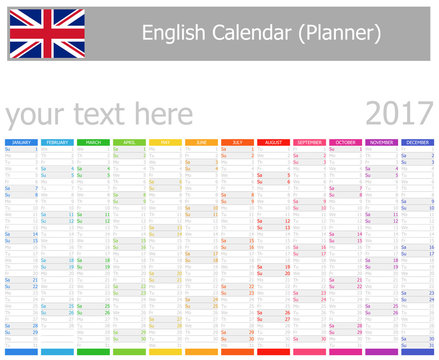 2017 English Planner Calendar with Vertical Months on white background