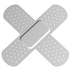 Two crossed gray bandages on white background