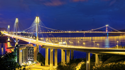 Taffic Night scene of Ting Kau suspension bridge