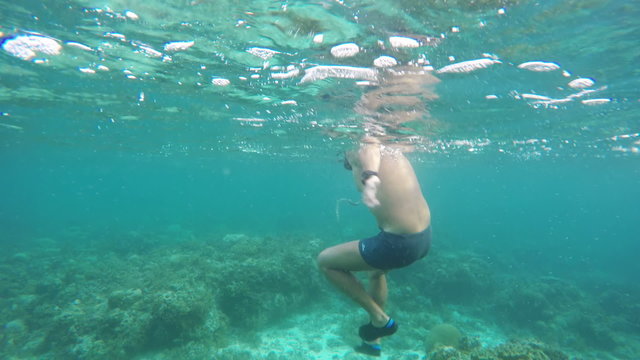 Male scuba diver holding a sea snake for a tail.Travel concept,Adventure concept