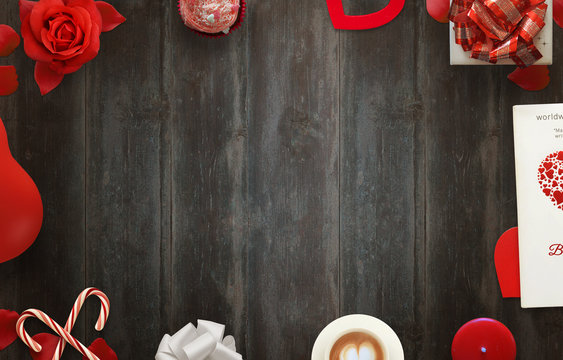 Love scene with free space for text. Table cloth on wooden table with gifts, hearts, petals, rose, lollipop, coffee, book, balloon, tablecloth on wooden table.